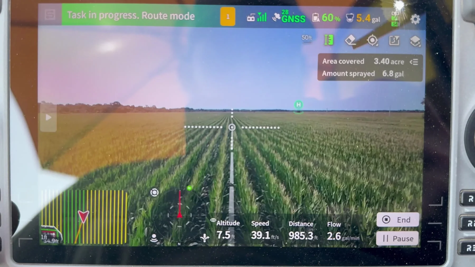 Actual agricultural drone controller display showing a field application route